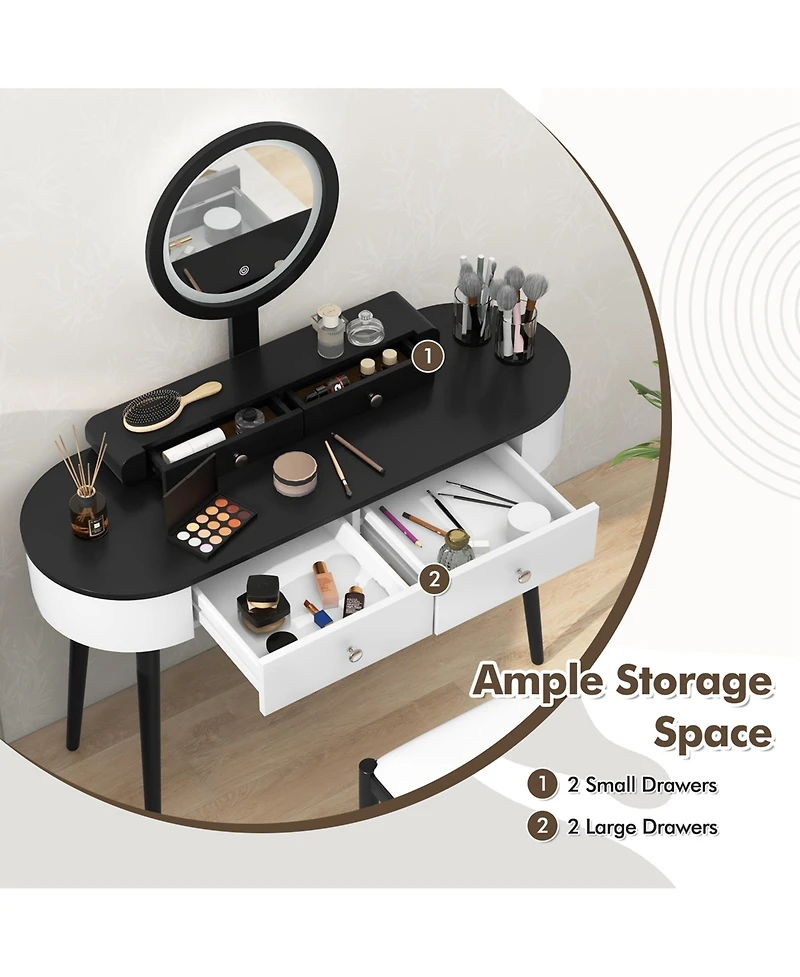 Solid Wood Makeup Vanity Desk Set with Led Lighted Mirror Drawers Cushioned Stool
