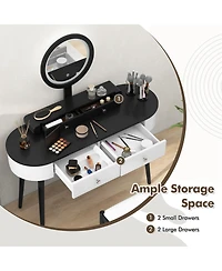 Solid Wood Makeup Vanity Desk Set with Led Lighted Mirror Drawers Cushioned Stool