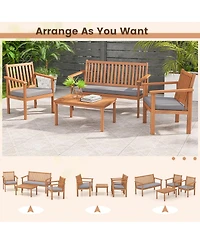 4 Pcs Patio Wood Furniture Set with Loveseat, 2 Chairs & Coffee Table for Porch