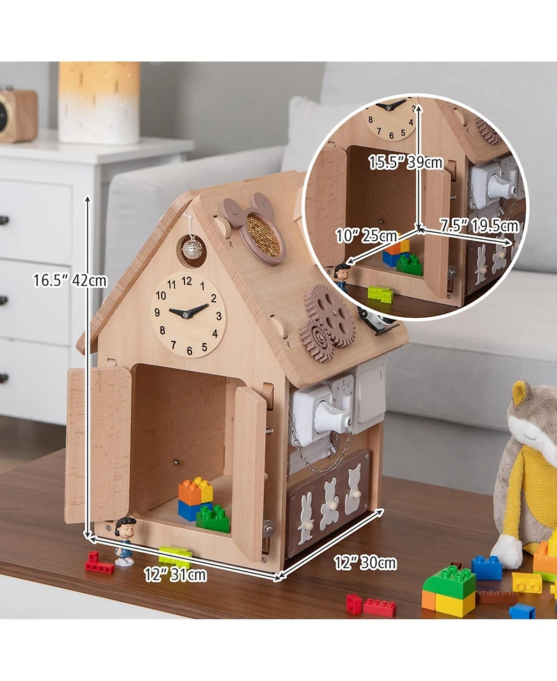 Wooden Busy House Montessori Toy with Sensory Games & Interior Storage Space