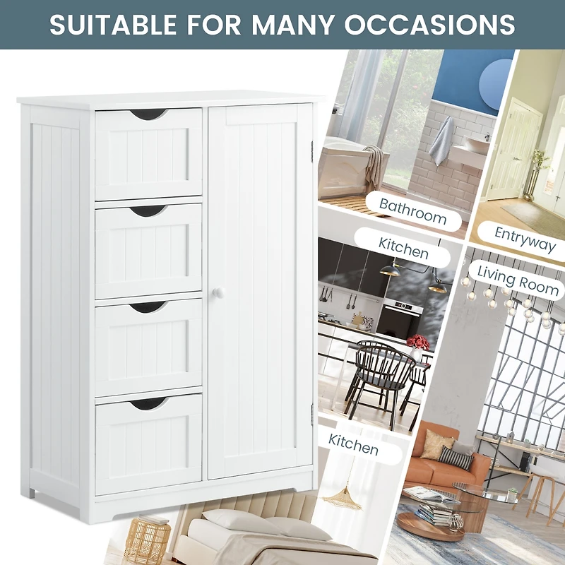 Wooden 4 Drawer Bathroom Cabinet Storage Cupboard 2 Shelves Free Standing