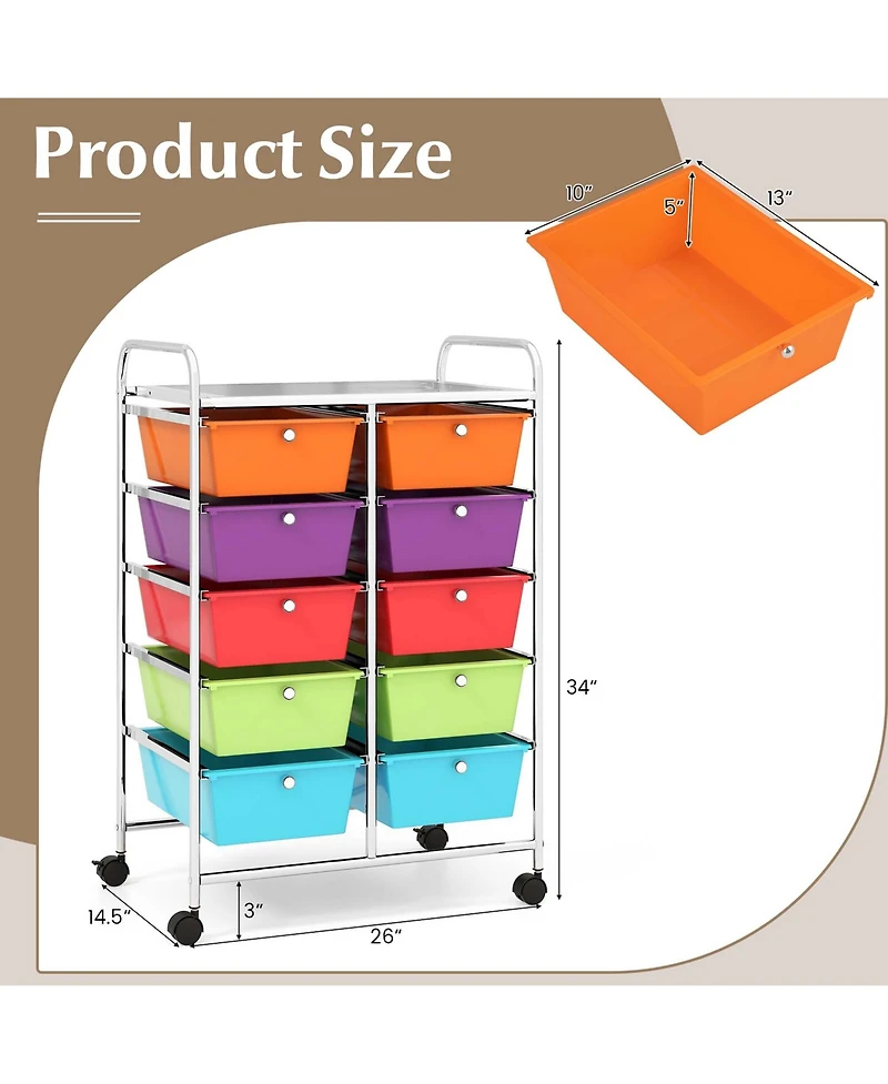 10-Drawer Storage Cart Utility Rolling Trolley Kitchen Organizer