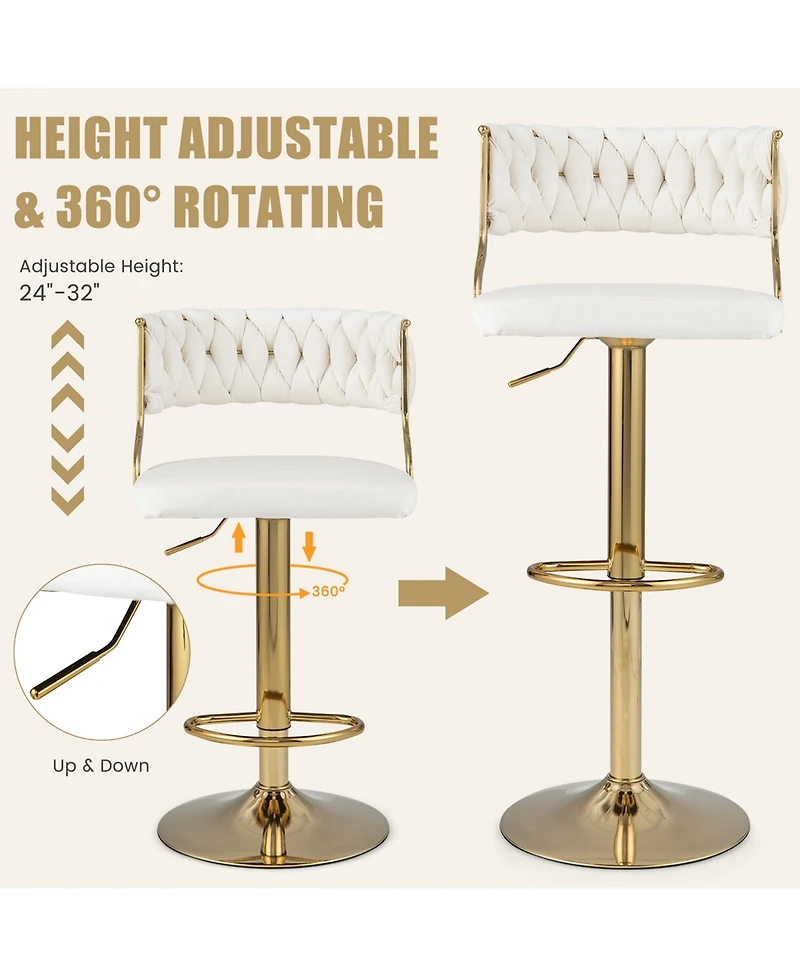 Swivel Velvet Bar Stools Set of 2 Upholstered Adjustable with Woven Backrest