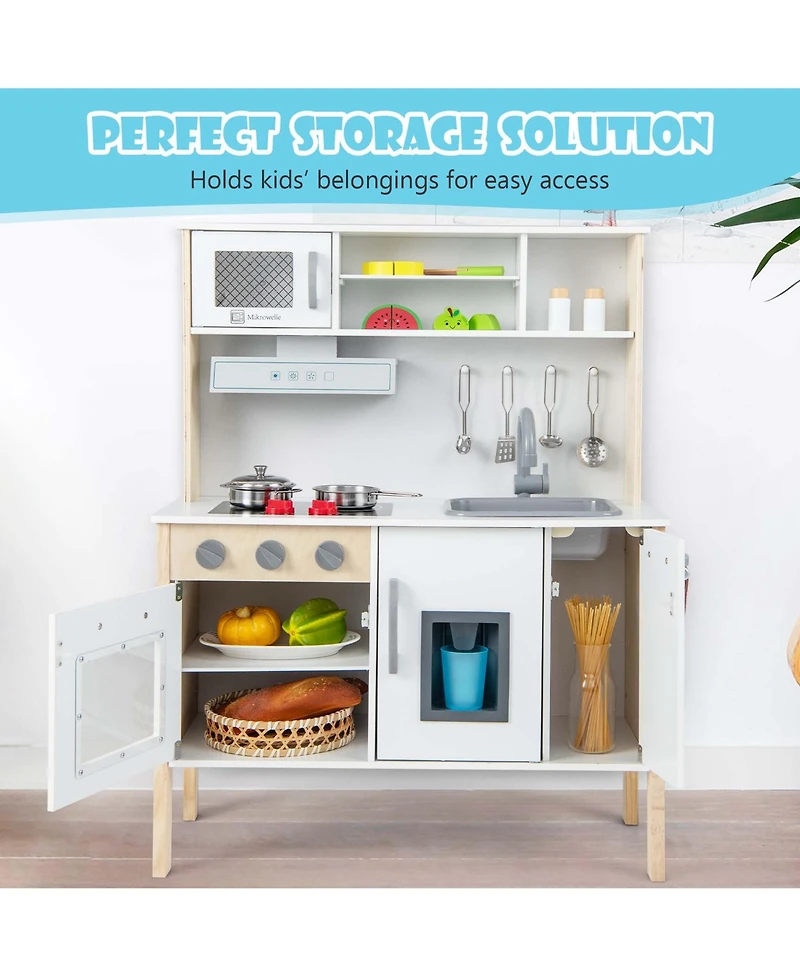 Kids Kitchen Playset Wooden Pretend Play Chef Toy with Microwave & Accessories