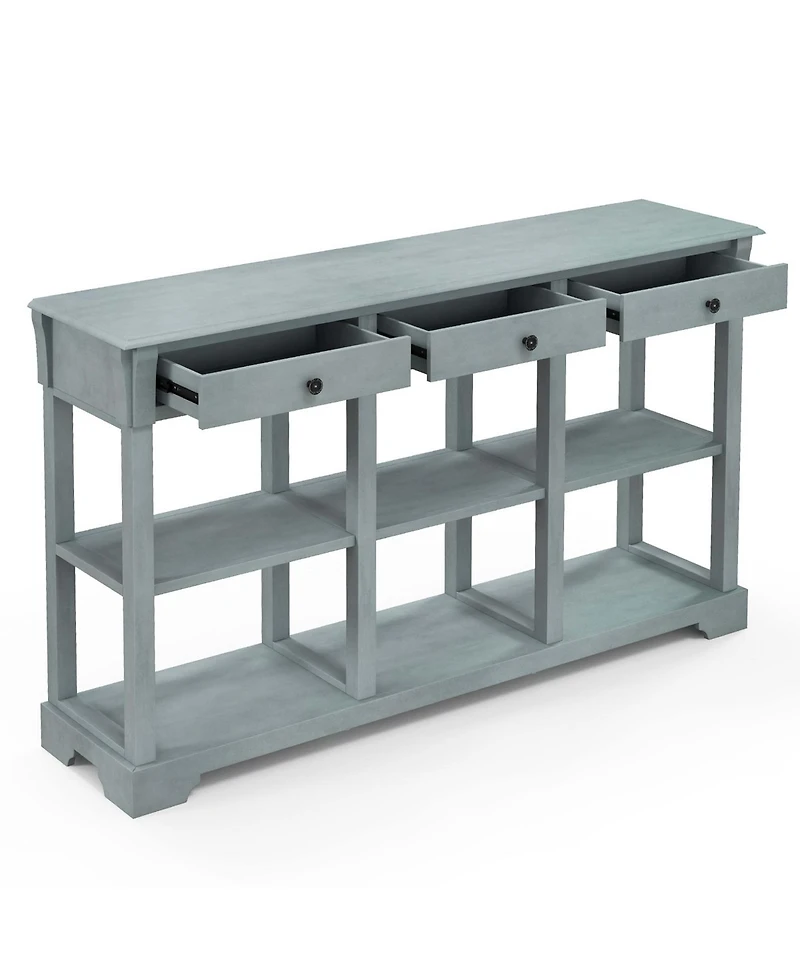 58" Long Sofa Table with Storage Retro Console Table with 3 Drawers & Open Shelves