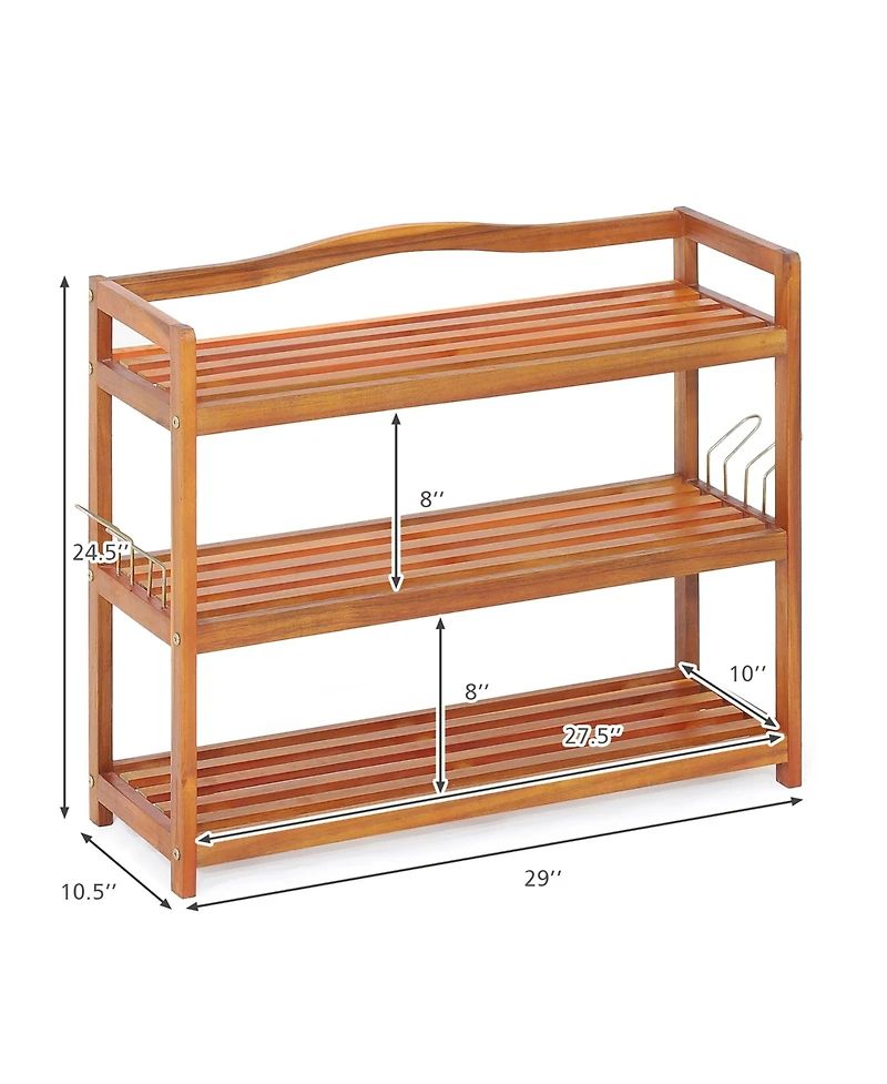 3-Tier Wood Shoe Rack Solid Acacia Wood Shoe Shelf with Side Metal Hooks
