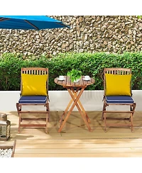 3PCS Patio Folding Wooden Bistro Set Cushioned Chair Conversation Garden