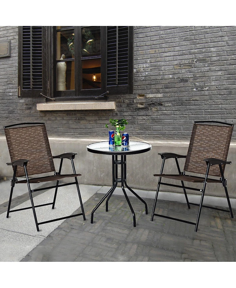 3PC Bistro Patio Garden Furniture Set 2 Folding Chairs Glass Table Top Steel