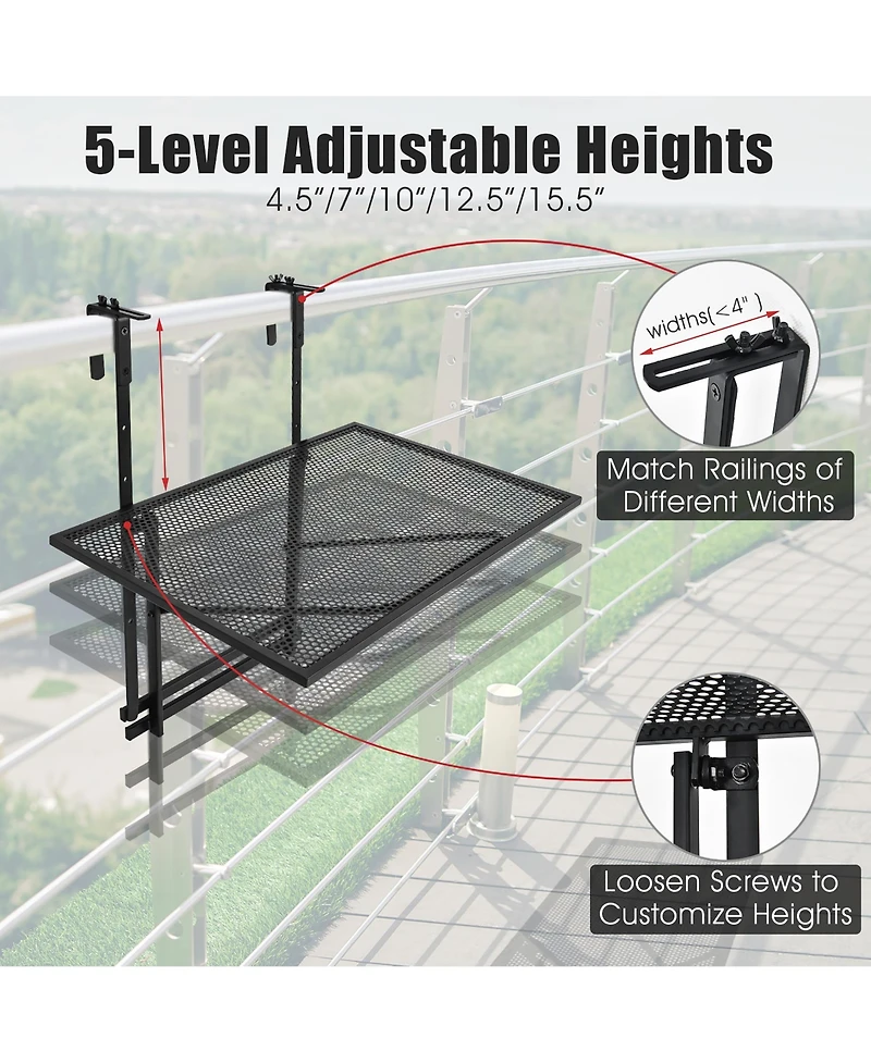 Folding Hanging Table Adjustable Balcony Railing Table Patio Deck