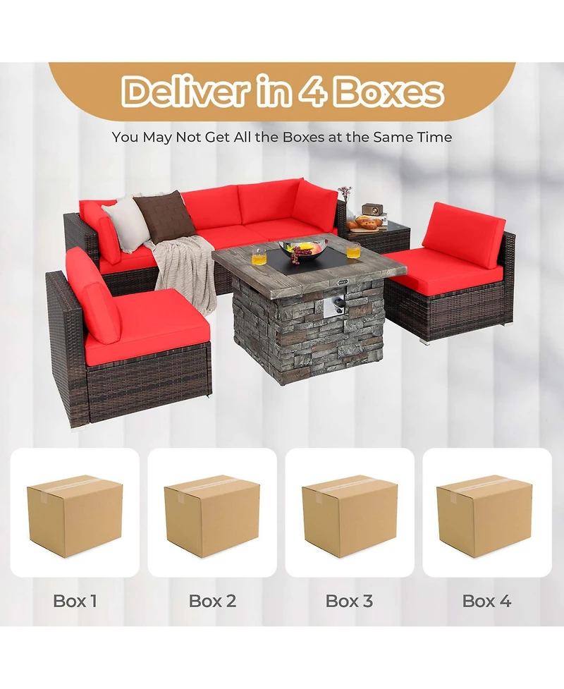 7 Pcs Patio Furniture Set with 50,000 Btu Fire Pit Table Wicker Sofa Set with Cushions