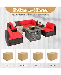 7 Pcs Patio Furniture Set with 50,000 Btu Fire Pit Table Wicker Sofa Set with Cushions