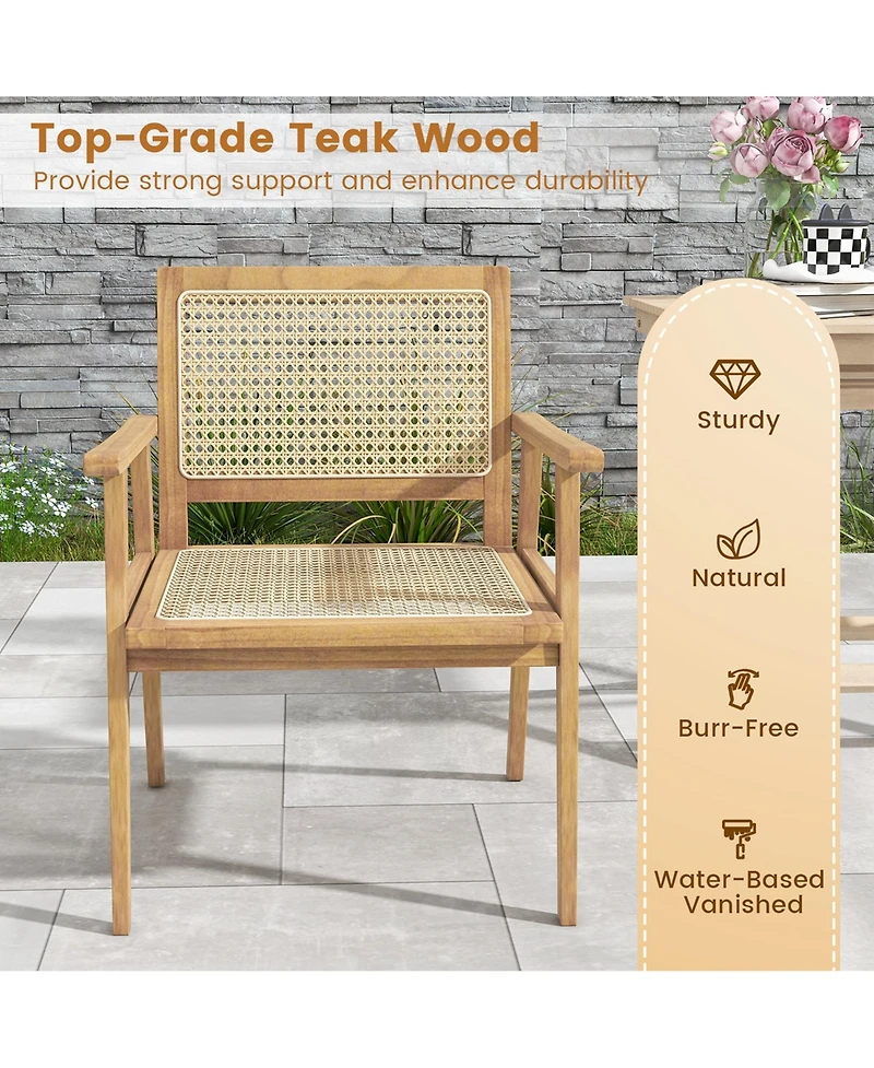 1 Pcs Outdoor Wood Chair Teak Wood Armchair with Rattan Seat & Back Patio Chair for Porch