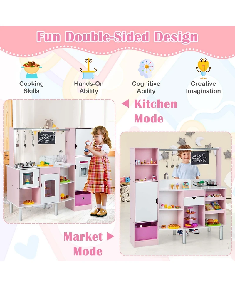 Costway 2-in-1 Kids Kitchen & Market with Realistic Light & Sound 82 Accessories Included