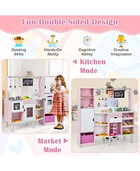 Costway 2-in-1 Kids Kitchen & Market with Realistic Light & Sound 82 Accessories Included