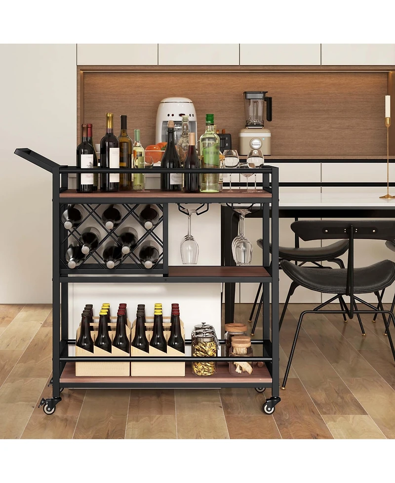 3-tier Bar Cart on Wheels Home Kitchen Serving Cart with Wine Rack & Glass Holder