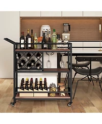 3-tier Bar Cart on Wheels Home Kitchen Serving Cart with Wine Rack & Glass Holder