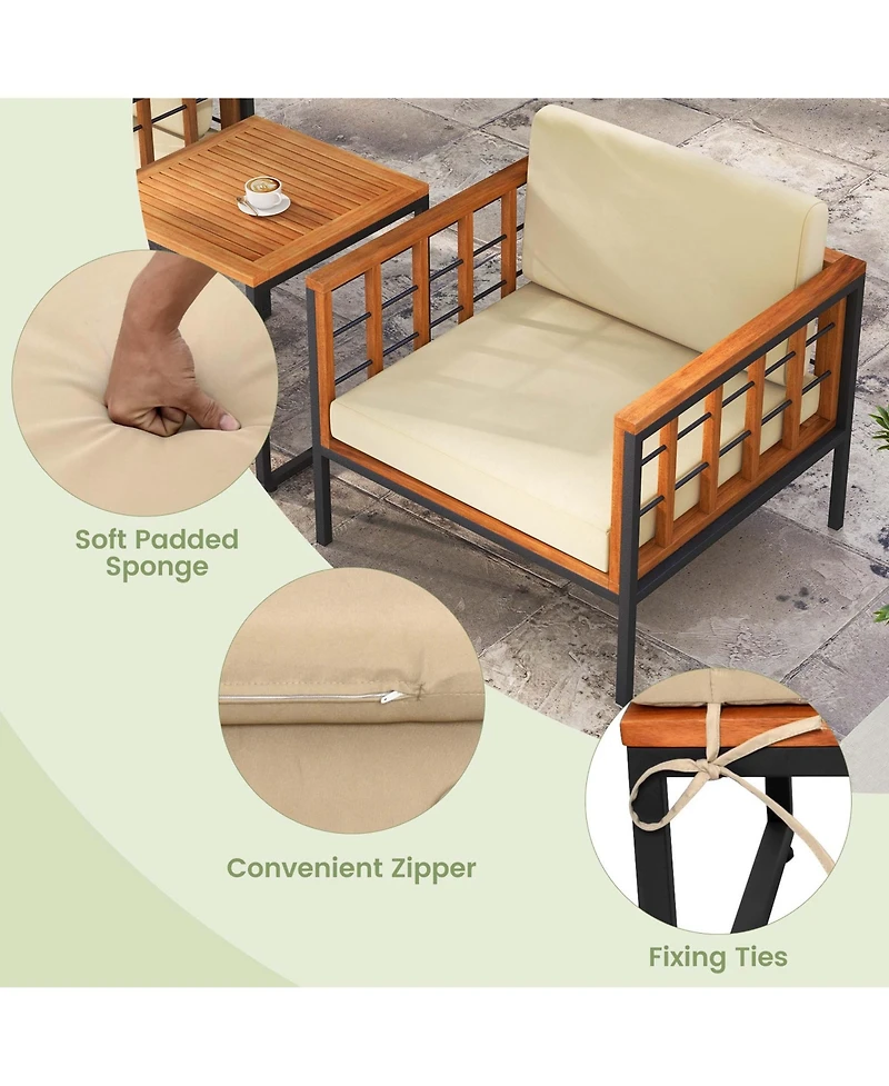 5 Pcs Acacia Wood Patio Furniture Set with Ottomans Soft Cushions & Coffee Table