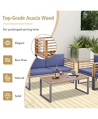 Costway 4pcs Patio Acacia Wood Chair Table Loveseat Cushioned Furniture Set Outdoor