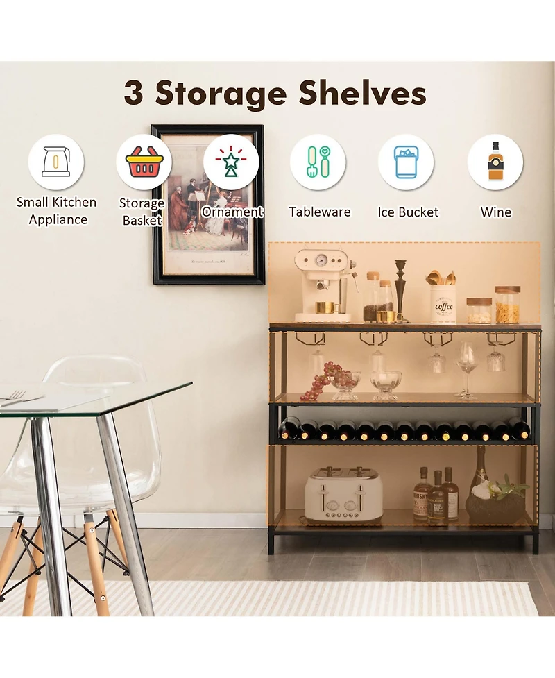 Costway Rustic Wine Rack Table 13 Bottles Wine Bar Cabinet Freestanding with Glass Holder