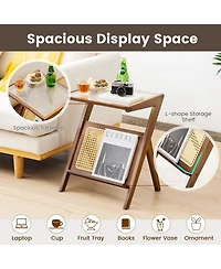 Rattan Side Table Bamboo Accent Bedside with Tempered Glass Top