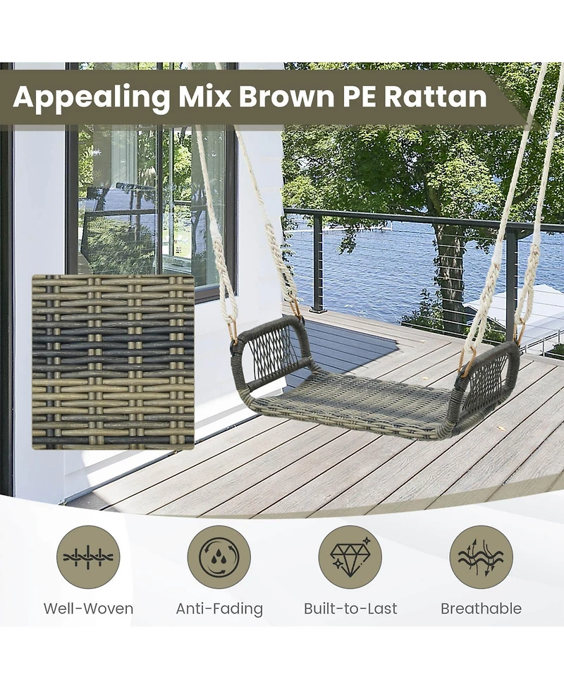 Costway Wicker Porch Swing Curved Rattan Swing Seat with Cozy Armrests for Front Porch