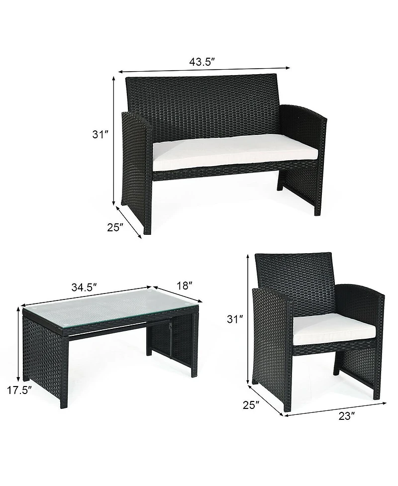 4PCS Patio Rattan Furniture Conversation Set Cushioned Sofa Coffee Table Garden
