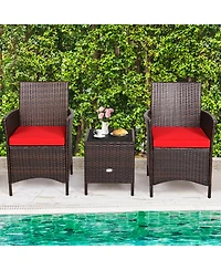 Gymax 3PCS Outdoor Rattan Conversation Set Patio Furniture Set w/ Red Cushions
