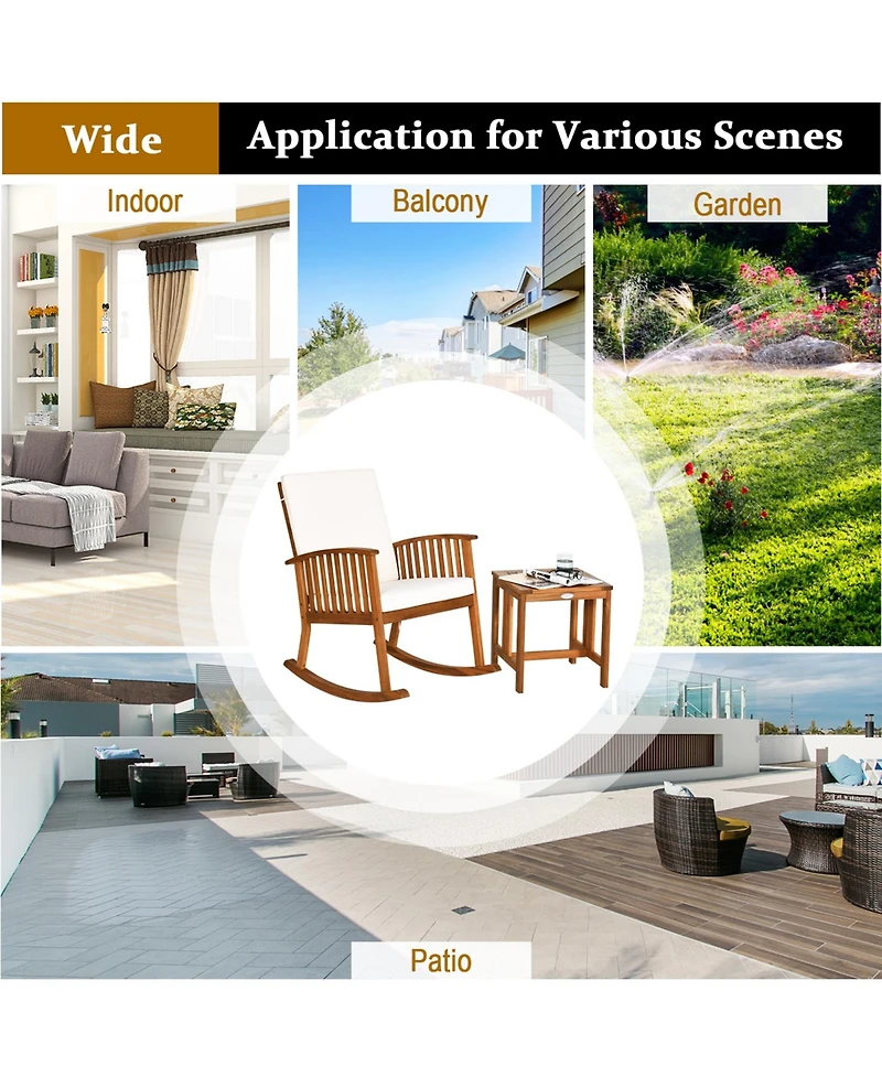 2PCS Acacia Wood Patio Rocking Chair Set Cushioned Coffee Table