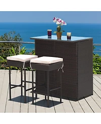 Costway 3PCS Patio Rattan Wicker Bar Table Stools Dining Set Cushioned