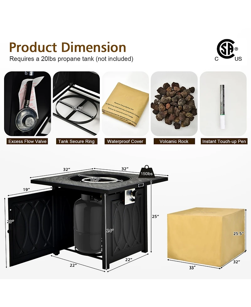 Costway 32'' Propane Fire Pit Table Square Tabletop w/Lava Rocks