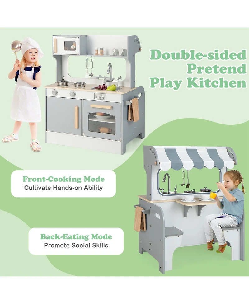 Costway 2 in 1 Kids Play Kitchen& Restaurant Double Sided Wooden Kitchen Playset Toddler