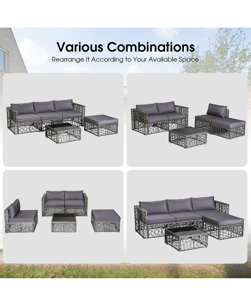 5 Pieces Patio Pe Rattan Wicker Sofa Furniture Set Cushioned Outdoor