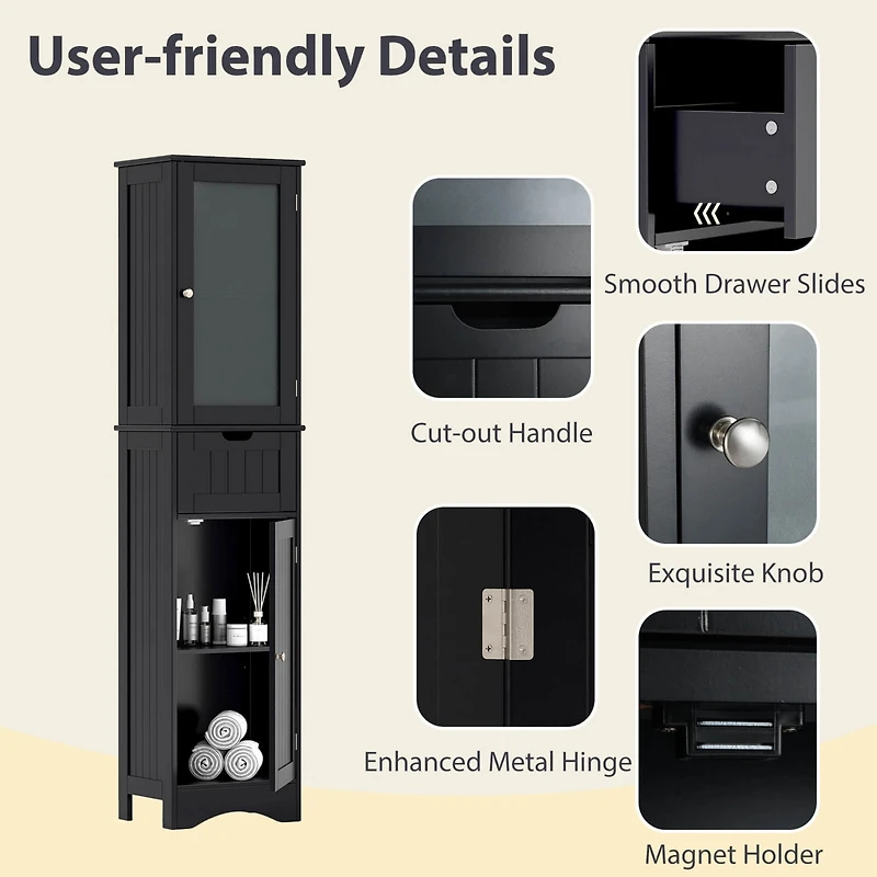 Bathroom Tall Cabinet Freestanding Linen Tower with Doors & Drawer