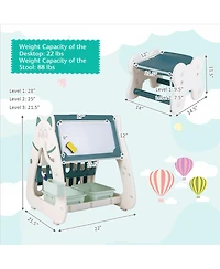 3-In-1 Kids Art Easel with Stool Magnetic Dry-Erase Board with Book Rack