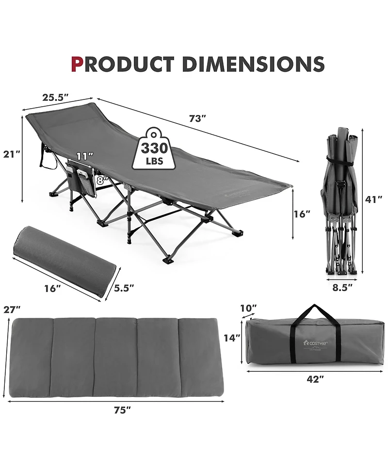 Folding Retractable Travel Camping Cot w/Removable Mattress & Carry Bag