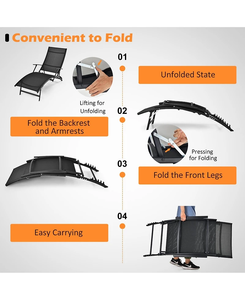 Costway 2PCS Patio Folding Lounge Chair Chaise Recliner Adjustable Stackable W/Armrest