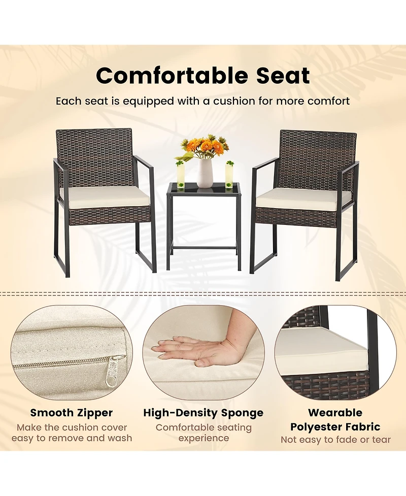 Costway 3pcs Patio Furniture Set Heavy Duty Cushioned Wicker Rattan Chairs Table