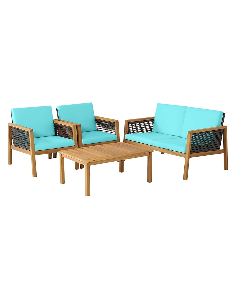 Costway 4PCS Patio Rattan Furniture Set Acacia Wood Cushioned Sofa