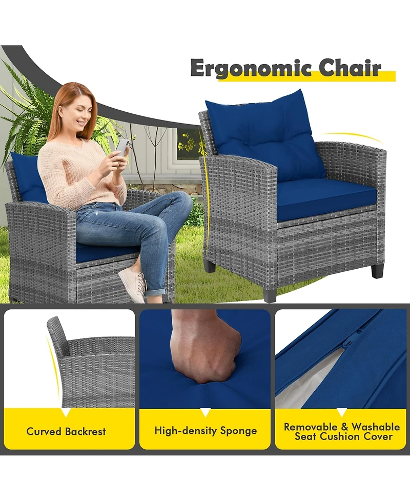 3PCS Patio Rattan Furniture Bistro Set Cushioned Sofas Side Table Armrest