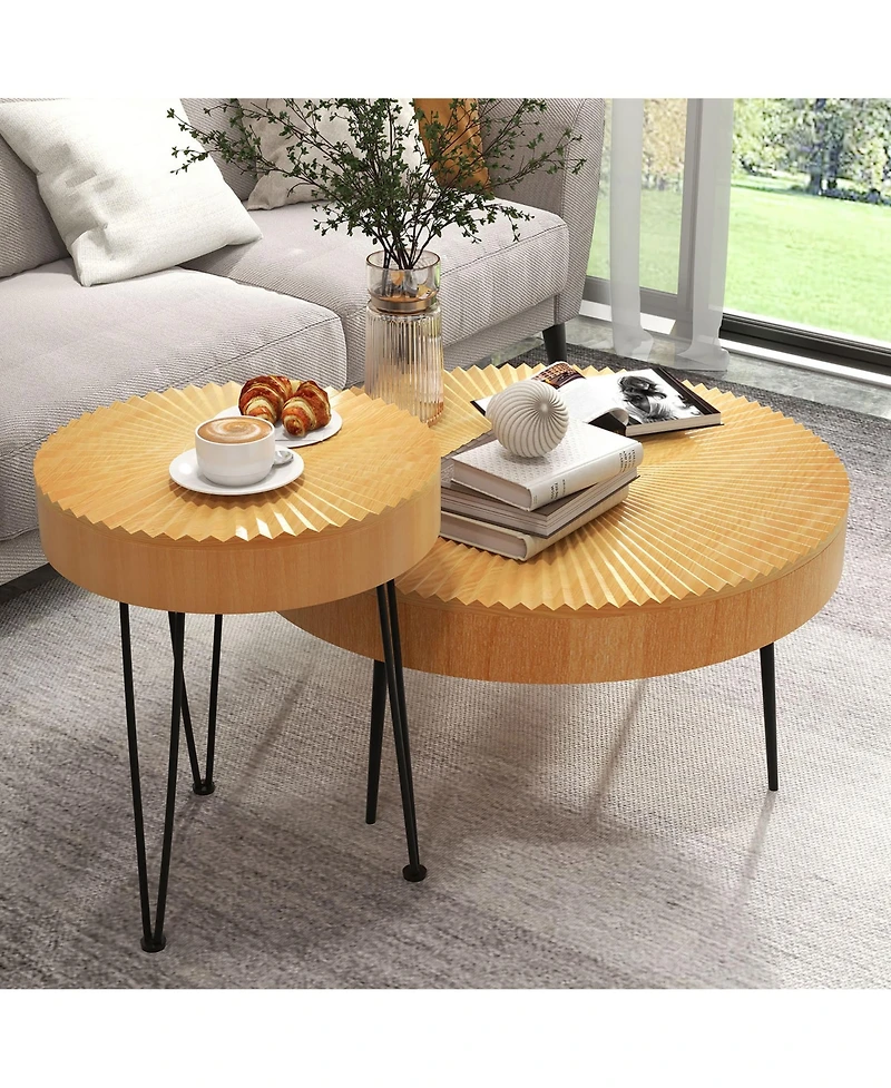 Costway Farmhouse Round Coffee Table Set of 2 End Table Natural Finish for Living Room