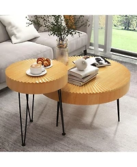 Costway Farmhouse Round Coffee Table Set of 2 End Table Natural Finish for Living Room
