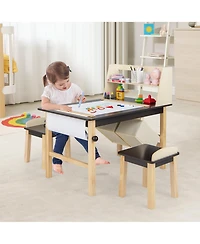 Kids Art Table & 2 Chairs Set Wooden Drawing Desk