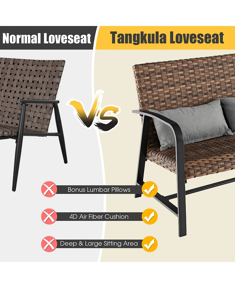 Costway 2 Pcs Patio Rattan Loveseat Coffee Table Set Padded Back & Seat Pillow w/Shelf