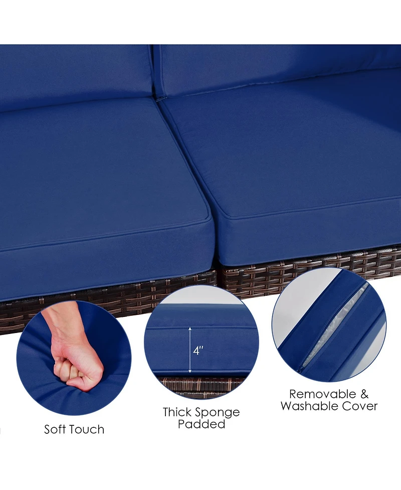 Gymax 6PCS Rattan Outdoor Sectional Sofa Set Patio Furniture Set w/ Navy Cushions