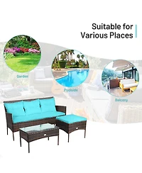 Gymax 3PCS Patio Rattan Sectional Conversation Furniture Set w/ Turqouise Cushions