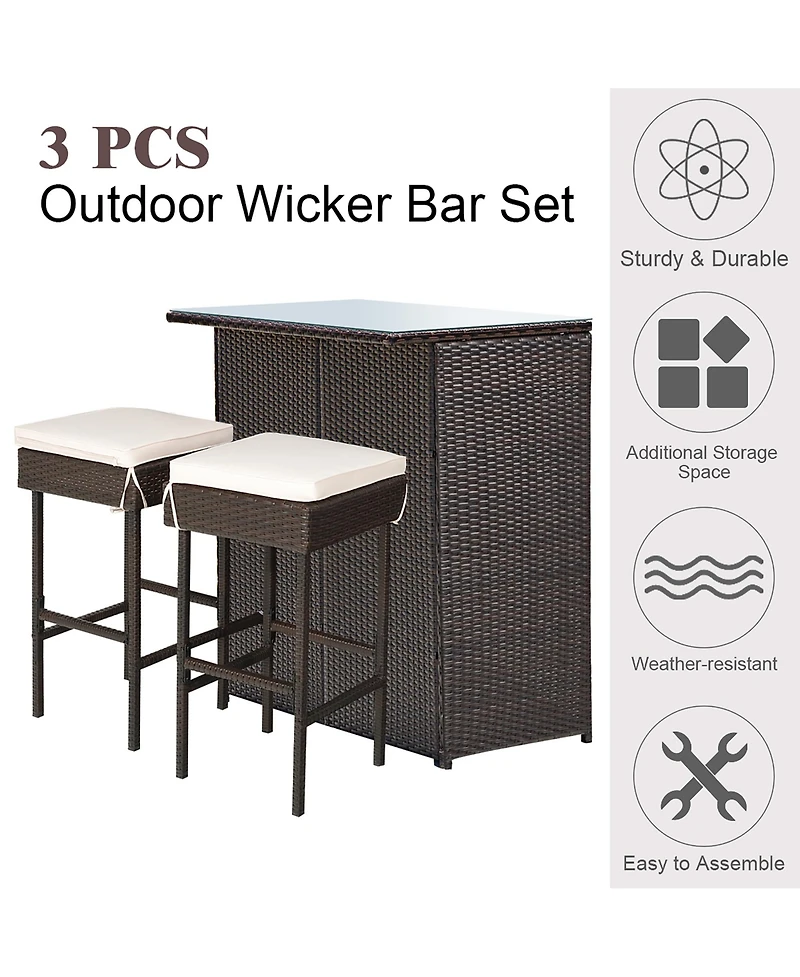 Costway 3PCS Patio Rattan Wicker Bar Table Stools Dining Set Cushioned