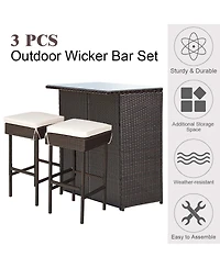 Costway 3PCS Patio Rattan Wicker Bar Table Stools Dining Set Cushioned