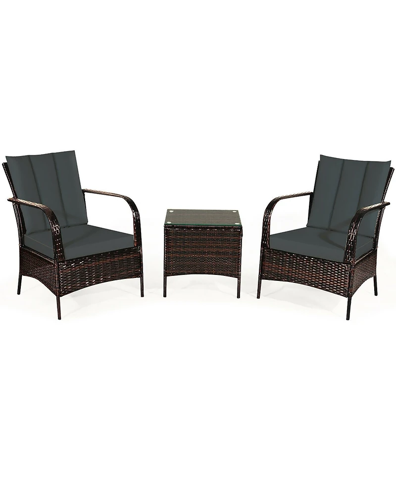 3 Pcs Patio Rattan Furniture Set Coffee Table & 2 Rattan Chair
