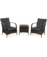 3 Pcs Patio Rattan Furniture Set Coffee Table & 2 Rattan Chair
