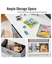 Costway Kids Art Play Wood Table and 2 Chairs Set w/ Storage Baskets Puzzle